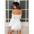 Women Puff Sleeve Shoulder Off Lace Embroidery Dress